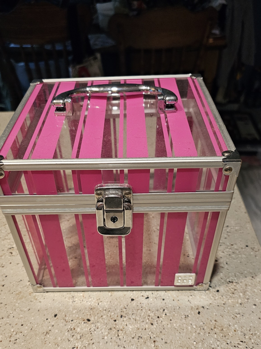 Caboodles Pink Stripe Clear Acrylic Makeup Case with Silver Hardware